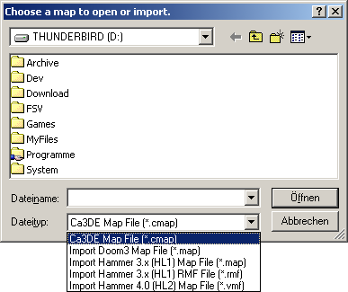 The "File Open" dialog also imports maps from other games and editors.